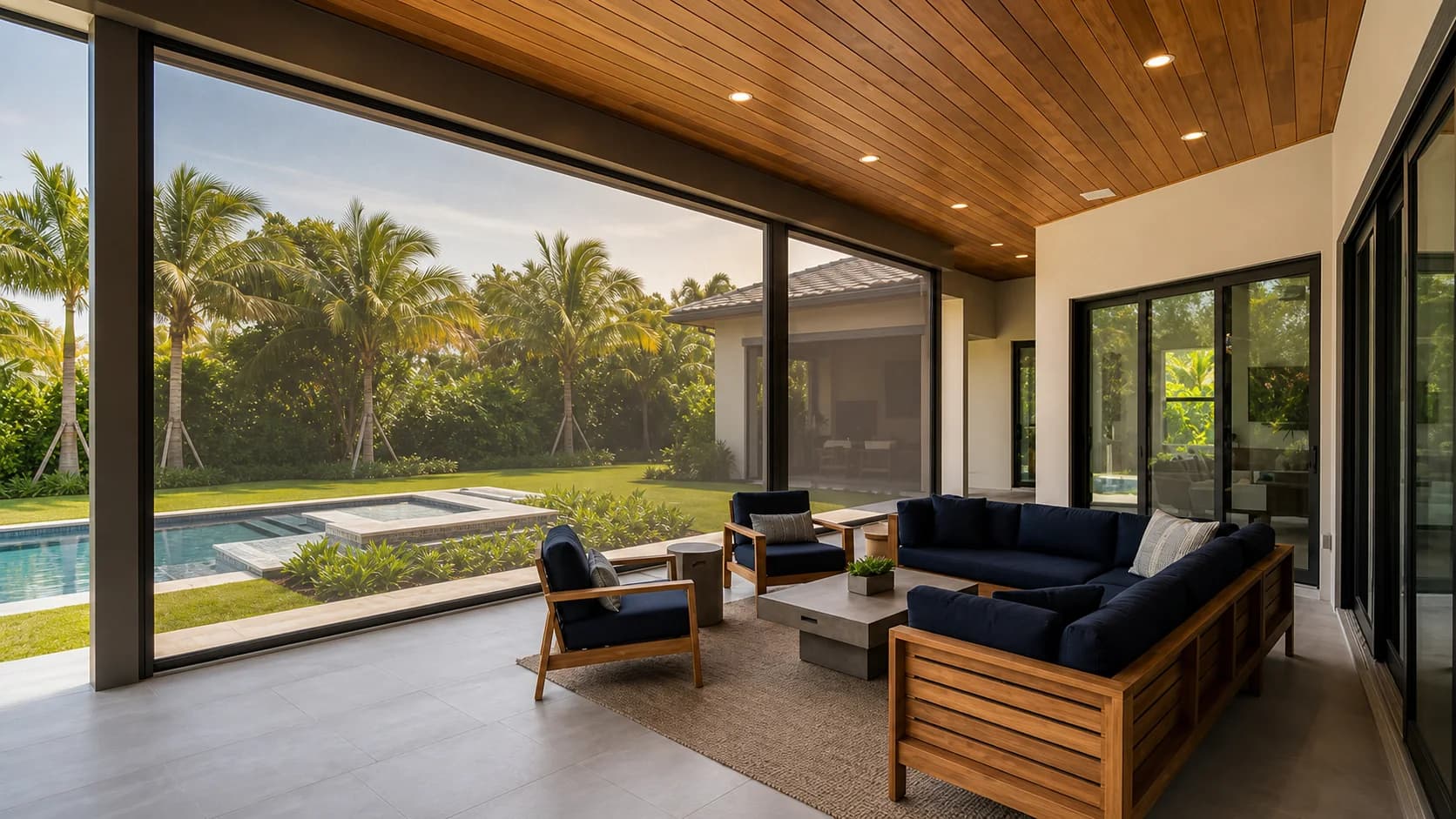 Luxury South Florida patio with motorized screens filtering sun across warm modern materials.
