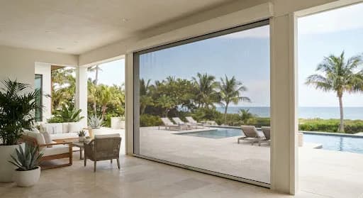 Detailed view of a premium motorized screen system integrated into a modern lanai.