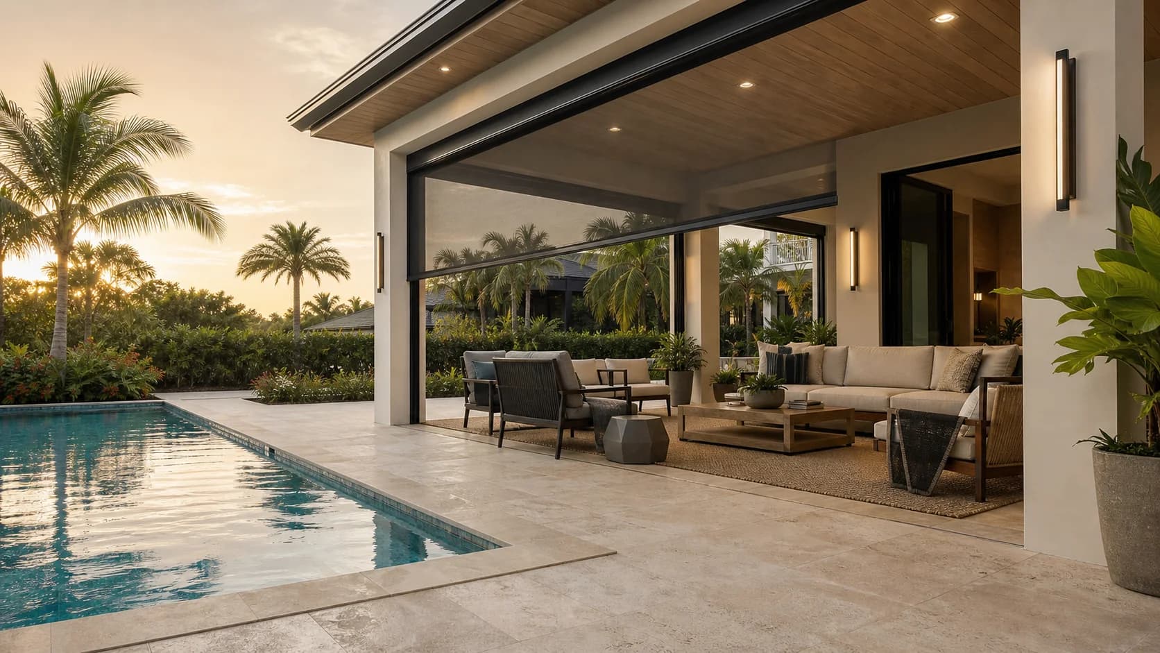 Bright lanai concept with motorized screens preserving an open South Florida outdoor feel.