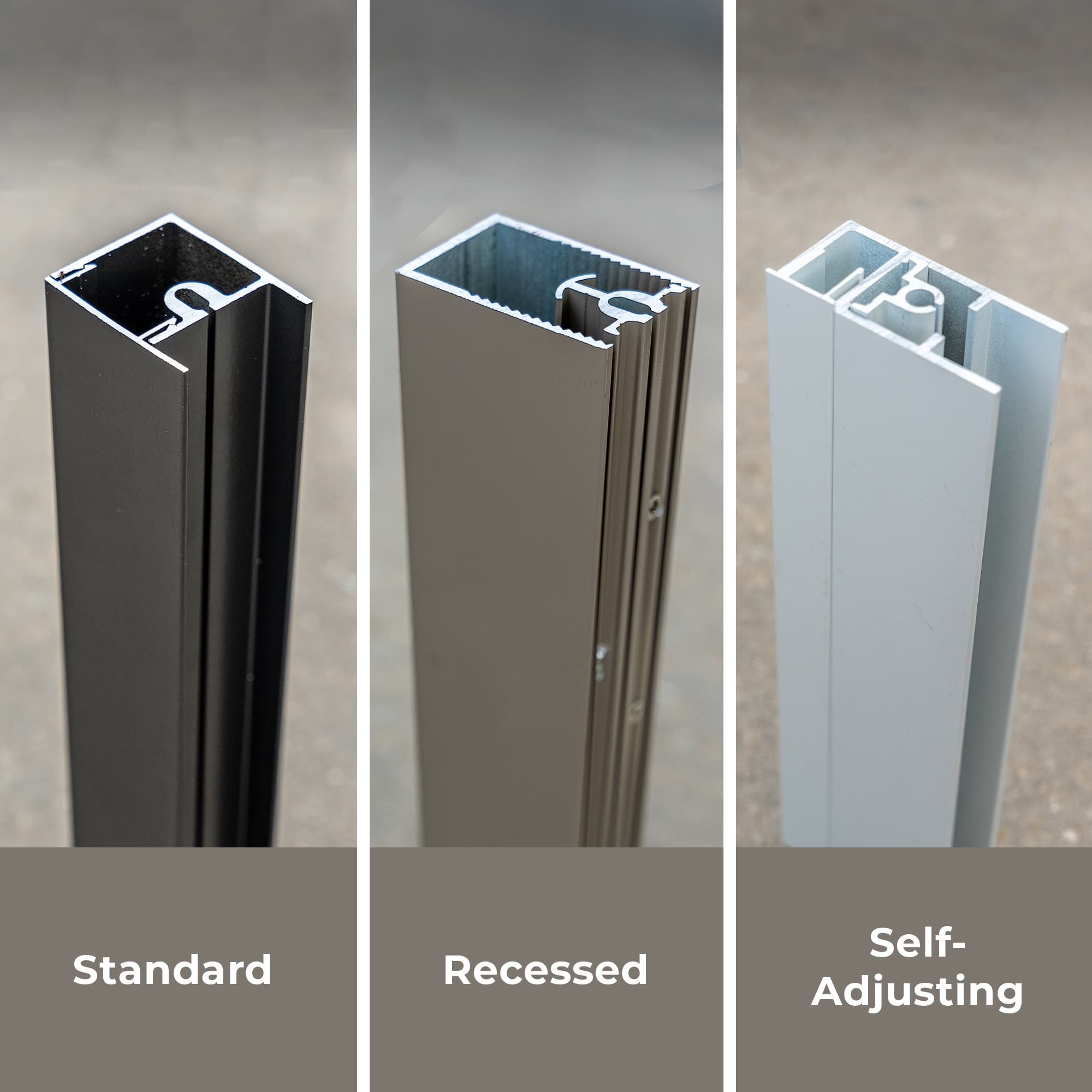SunPro screen track options: standard, recessed, and self-adjusting.