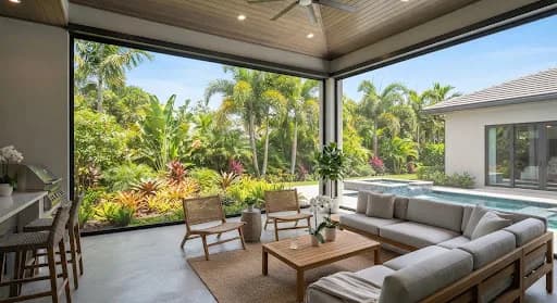 Modern residential lanai enclosed by subtle motorized screens with bright garden views.